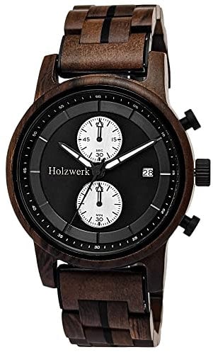 Holzwerk Germany Handgefertigte Designer Herren-Uhr Öko Natur Holz-Uhr Chronograph Armband-Uhr Analog Quarz-Uhr Braun Blau Datum Holz (Braun.Schwarz)
