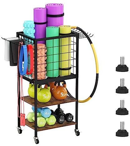 Hantelablage für Hanteln, Yogamatten-Aufbewahrungsregal, Heim-Fitnessstudio, Workout-Ausrüstung, Aufbewahrung, Organizer, 3-stöckiges Holzhantelregal, Hantelständer mit Haken, Yogamattenhalter mit