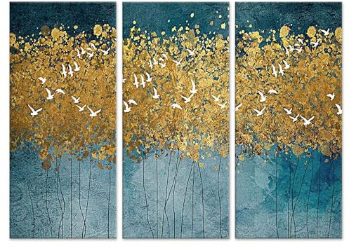 Lupia - Grande Quadro Moderno 3 Pezzi su Tela, Stampe Uccelli Foresta Astratta Oro, Decorazioni per Soggiorno, Camera da Letto, Ufficio, Facile da Appendere, Flying Trees, 122x180 cm, Legno