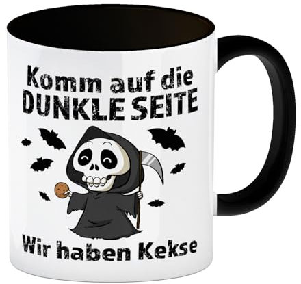 Komm auf die dunkle Seite Kaffeebecher in schwarz mit Spruch Wir haben Kekse eine bunte Tasse für die Arbeit Sensenmann Motiv Tod Kaffeetasse Männer ausgefallener Keks Fledermaus
