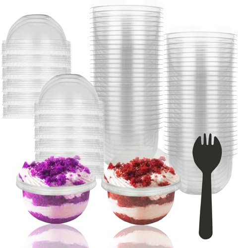 AHAQU 100PCS Dessert Cups with Lids, 250ml/8oz Disposable Parfait Cups with Sporks, Clear Plastic Cups with Dome Lids (No Hole) for Fruit, Ice Cream, Candy, Cold Drinks