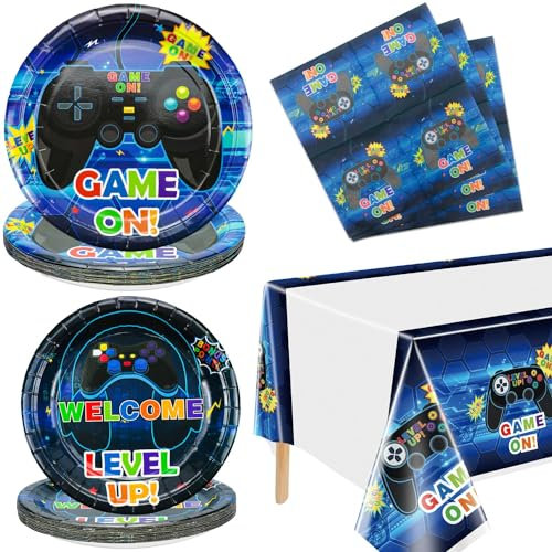 Hegbolke Fournitures de fête pour jeux vidéo Serve 20-61Pcs Assiettes Serviettes Nappes pour garçons Gamer Gaming Controller Party Supplies