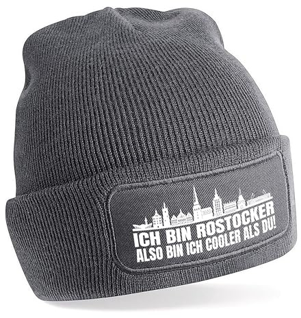 Beanie Strickmütze mit Spruch | Ich bin Rostocker also bin ich cooler als du! | Farbwahl | weiche und warme Fußball Mütze für Rostock Fan | Skyline | SoftTouch Einheitsgröße für Erwachsene