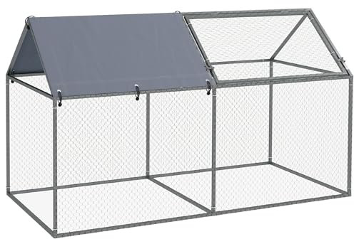PawHut Jaula para Animales Pequeños Parque para Mascotas de Acero con 1 Puerta Superior y 1 Tela Superior de Anti-UV para Exterior Jardín 198x100x120 cm Plata
