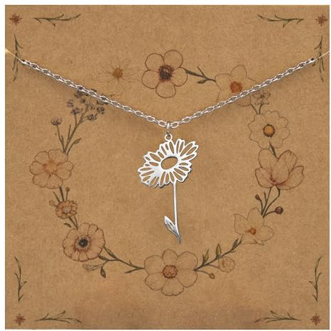 Bixorp Geburtsblumenhalskette April/Gänseblümchen - Silberfarben - Edelstahlblumenkette für Damen & Mädchen