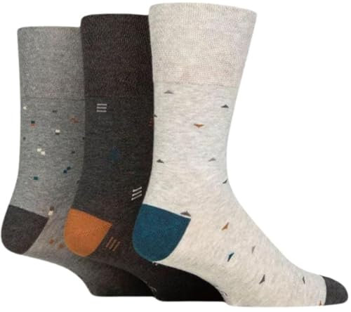 SockShop Gentle Grip Mens Patterned Socks Argyle Striped Spotty Geometric Design, Casual Everyday Wear, Honeycomb Top Comfort Cuff, Pack of 3 - Geometric Myriad Mid Grey 6-11