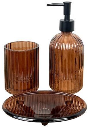 3 Piece Amber Ribbed Glass Bathroom Sink Accessories Set Liquid Soap Lotion Dispenser Tumbler/Toothbrush Holder Cup Oval Soap Dish