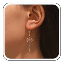 Allereya Vintage Sword Dangle Hoop Earrings Gold Knife Huggie Earrings CZ Sword Drop Earrings Cross Dagger Earrings Jewelry for Women and Girls