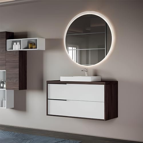 Liberoshopping Mobile bagno sospeso moderno ISIDE in legno con lavabo in ceramica (Olmo Caffè/Bianco Lucido, Base 100 cm)