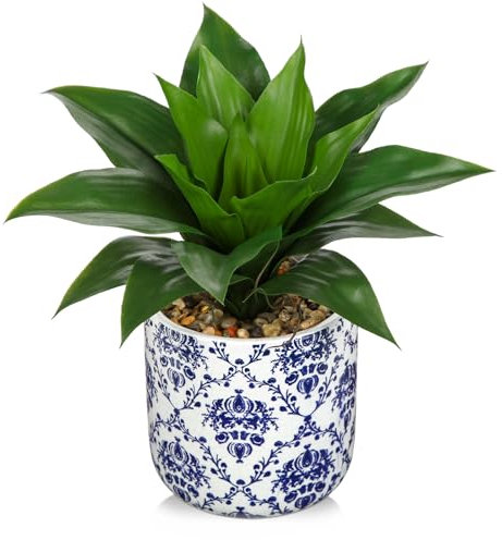 Oairse Artificial Agave Plant in Blue and White Ceramic Pot 10.6 Realistic Fake Plant Indoor Tropical Faux Greenery for Home Office Décor Bathroom Living Room Table Shelf Decoration