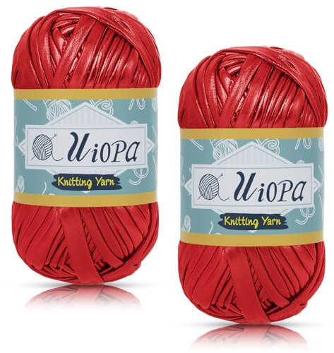 Uiopa Metallic T-Shirt Garn, 2 x 100g(2 x 45m) Bändchengarn Polyester Häkelgarn, Dickes Garn Crochet Yarn für Häkeltaschen, Körbe, Teppiche, Heimdekoration, DIY-Projekt (Rot)