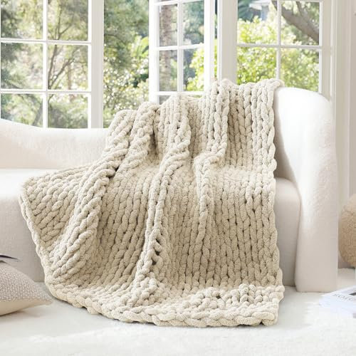 WRENSONGE Grobstrickdecke, Überwurf, Beige, groß, weich, flauschig, Zopfmuster, Häkeldecke, 100 % handgestrickt, Decke für Couch, Bett (127 x 152,4 cm)