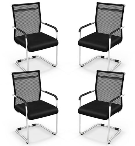 GIANTEX Freischwinger Stühle 4er Set Stapelbar, Besucherstuhl Konferenzstuhl Ergonomisch mit Armlehnen, Bürostühle Schwingstühle Metallrahmen bis 150 kg belastbar, Moderne Empfangsstühle Schwarz
