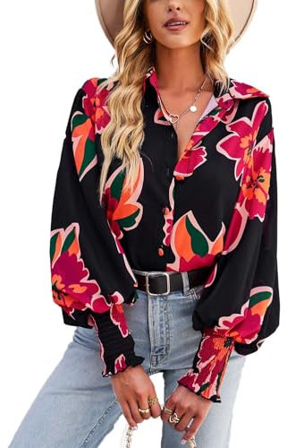 HUXRAKV Blouses for Women Dressy Casual Long Sleeve Button Down Shirts Floral Printed Fall Blouses with Lantern Sleeve Tops,WD15-Red,XXL