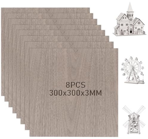 CYEER 8 Stück Nussbaum Sperrholzplatte 3MM, 300x300MM Sperrholz, Unbehandeltes Holz, Lindenholz, Sperrholzplatten, Balsaholzplatten für DIY Kunst und Handwerk, Laserprojekte, Hohlgravuren