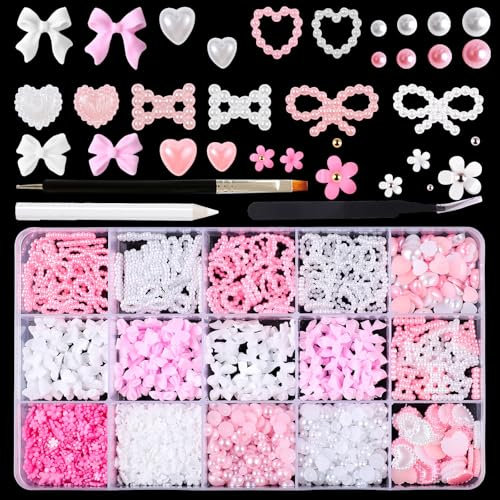 ZYKORT 1000 PCS 3D Nail Charms, Multi Shapes Flower Heart Bow Decorations, With Tweezer and Art Pen for DIY Crafts Design, Rhinestones
