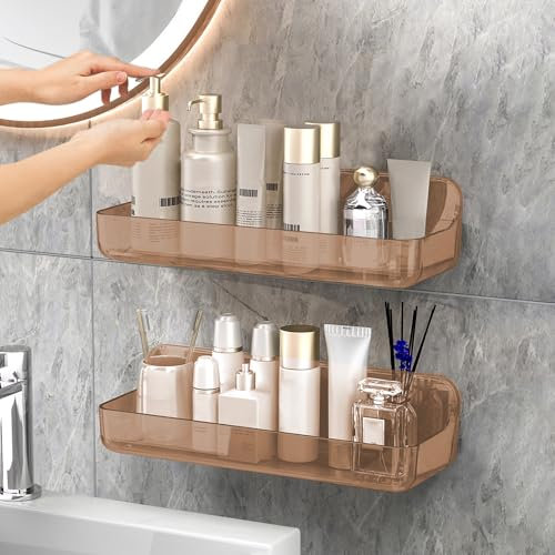 CGBE 2-Pack Acrylic Shower Shelves, No Drilling Adhesive Shower Shelf, Large Capacity Adhesive Bathroom Shelf with Drain Holes - Large Amber