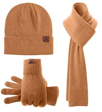 EQWIGKEIT Mütze Schal Set Damen Einfarbig Strickmütze Weiche Winterset Gestrickte Retro Handschuhe Warmes Winterschal Flauschig Strickschal Wärmer Mütze Damen 3 In 1 Set