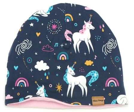 Kleine Könige Mütze Mädchen Herbst Winter Kindermütze · Modell Unicorn Regenborgen Einhorn Marine · Fleece rosa · Größe 134/140 (KU 55-57)