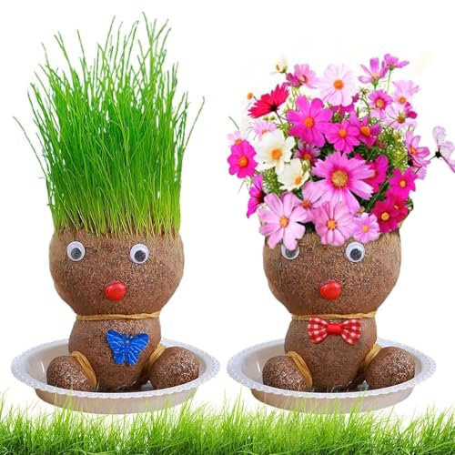Graskopf Wachsende, Blumenkopf Graskopf Puppen Pflanze,Grasköpfe Puppenpflanze für Kinder, Mini Bonsai Gras Kopf Figurm Blumenkopf Graskopf Bonsai Mit Tablett Topfpflanzen Für Schlafzimmer