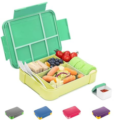 SiHuiTu Bento Lunch Box,Lunch Box for Adults 1330ml Bento Box with 6 Compartments, Lunch Boxes with Cutlery Set, Leak Proof Lunch Box for Kids, Snack Box for School Kindergarten Office (Green Yellow)