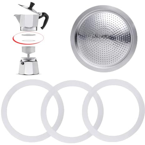 Gasket for 6 Cup Espresso Maker, replacement Food Grade seal silicone, with aluminum sieve insert, Gasket Seals Parts Moka Pot, Includes 3 Gaskets and 1 Filter for Stovetop Coffee Maker(6 Cups)