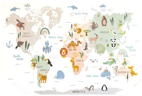 Mappa del mondo e Animali Stickers Murali Bambini, Mappa del Mondo Animali Adesivi Murali, Adesivo da Parete con Mappa del Mondo Degli Animali, Animal World Map Wall Stickers per Camerette Bambini