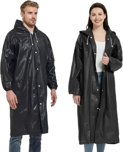 JITIFAZH 2 Pack Reusable Raincoat Rain Poncho with Hoods and Sleeves, Rain Jacket for men and women, Waterproof for Emergency, Hiking, Camping, Disney, Family festival, Outdoor(Black+Black)