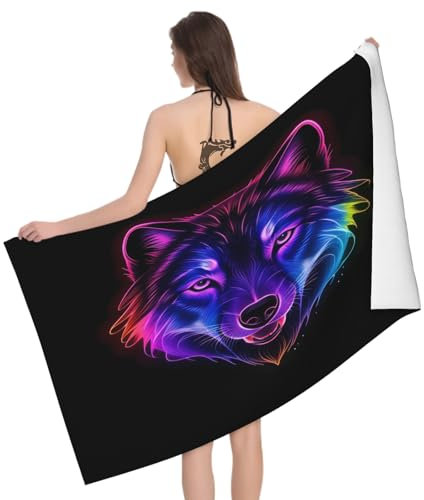 Mikrofaser Strandtuch Wolfsmotiv 160x80 cm, 3D Einfach Badetuch für Erwachsene Weiches Leicht Handtuch Schnelltrocknend Sandfreies Strandhandtuch