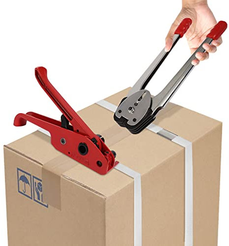 Strumento di stretching Bandset + morsetto girevole per nastro da imballaggio con una larghezza da 12 a 16 mm.