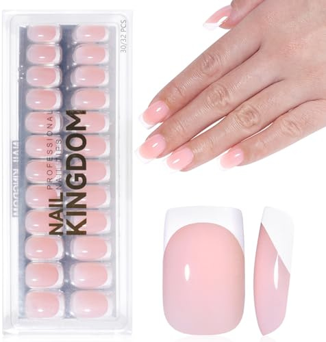 Nude Stick on Nails French Tip - 32Pcs Medium Square False Nails - French Tip Press on nails - Fake Nails with Glue - DIY Manicure False nails Long Lasting for Women Nail Art