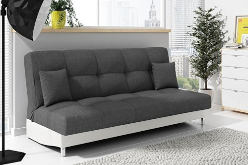 LIKMA Ausziehbar 3 Sitzer Sofa Togo Grau + Weiss Kunstleder 195x91x85 cm Schlaffunktion Bettzeugbehälter 2 Kissen Sofa mit Bettfunktion Gesteppte Schlafsofa ohne Armlehnen