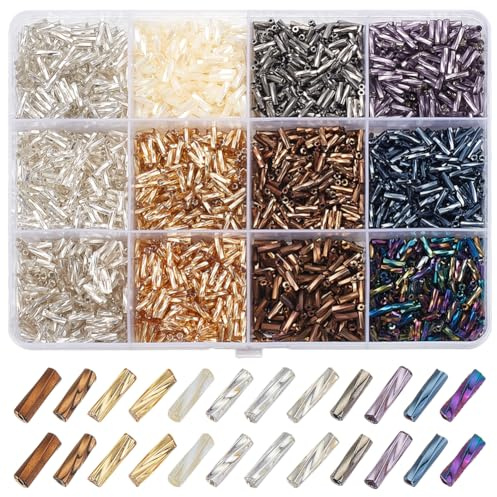 WADORN 3100 pièce 12 styles Perles de Verre Torsadées, Perles de Rocaille en Verre Tchèque Opaques Long Tube Espaceurs Doublés pour DIY Bracelets Colliers Boucles D'Oreilles