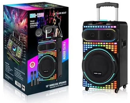 NDR-1260 Karaoke Bluetooth Speaker with Wireless Microphone, 30.5 cm Trolley Speaker, LED Lights
