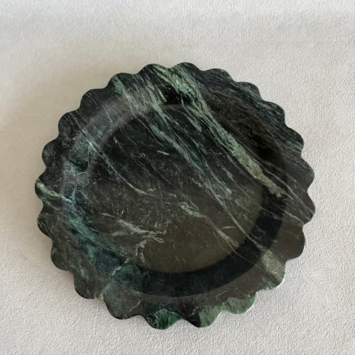 SAIDKOCC Travertine Marble Scalloped Tray Round Wave Tray Small Serving Platter for Counter, Bathroom, Kitchen, Nightstand, Jewelry Ring Dish Holder (White Dark Green)