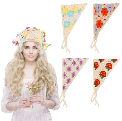 4 Stück Häkel-Stirnbänder und gestrickte Bandanas für Frauen und Mädchen – Haar-Accessoires mit Blumenmuster, Gänseblümchen und Erdbeeren, süßes Boho-Kopftuch (Weiß, Lila)