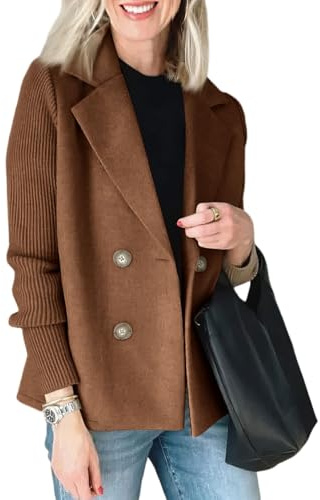FUPODD Jacke Damen Winter Kurz Elegant Blazer Tweed Übergangsjacke Business Herbstjacke Patchwork Strickjacke Zweireihig Mantel Sakko Wollmantel Frauen Anzug Damenjacke Trenchcoat Revers Damenmantel