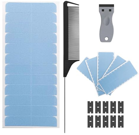 120Pcs Double Sided Tape Hair Extensions Glue Strips Refill 4x0.8cm | No-residue waterproof adhesive, scraper comb blade removal tool, lace wig hairpieces toupee attachment, strong bonding