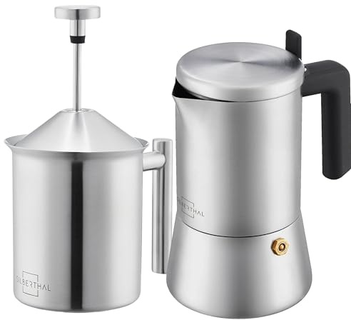 SILBERTHAL Espressokocher 300 ml 2er Set mit manuellem Milchaufschäumer | Edelstahl - Perfektes Geschenkset für Kaffeeliebhaber
