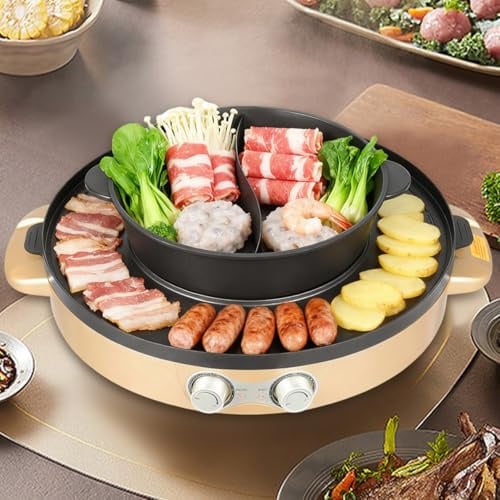 Elektrischer Food Party Hot Pot und Tischgrill Elektrisch 2 in 1 Electric Hotpot Topf Elektrogrill 220V 2200W Hot Pot Indoor Korean BBQ Grill Thai Barbecue Fondue Für 8 Personen Golden