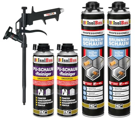 Isolbau - Brunnenschaum 1K Bauschaum Wasserdicht Aussen und Innen - 2 x Montageschaum 750 ml, 2 x PU-Schaum-Reiniger & 1 x Schaumpistole - PU-Schaum - Pistolenschaum Dämmschaum Isolierschaum