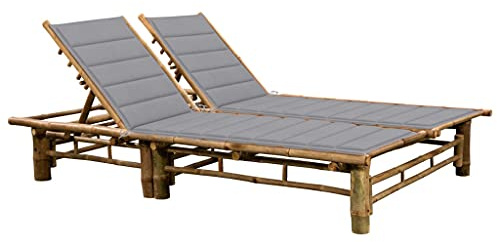 Ziaphsol Chaise longue en bambou pour 2 personnes, avec coussins gris, dossiers réglables, 200 x 130 cm, pour jardin, terrasse, piscine, bain de soleil relaxant