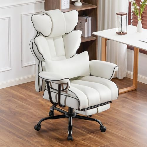 Ckaff Sedia Ufficio Ergonomica, Poltrona Direzionale in Pelle PU, Sedia Gaming con Poggiapiedi e Supporto Lombare, Sedia da Ufficio Reclinabile Girevoli Altezza Regolabile 200kg (Bianco)