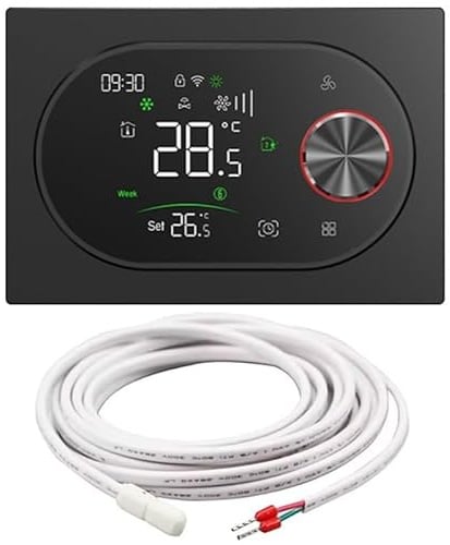 BECA BAC-9000ALWE Termostato Smart WiFi para Fan Coil 2 tubos, ventilador 3 velocidades + válvula ON/OFF, sonda externa, Tuya Smart/Smart Life, Alexa/Google - Expert4House Edition (negro)