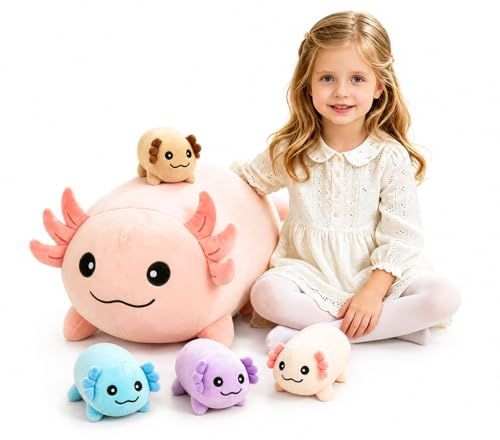 Dalmao 5-teiliges Axolotl Salamander Plüschtier Set, 40 cm Weiches Axolotl Kuscheltier mit 4 Baby Stofftieren im Bauch – Geburtstagsgeschenk für Mädchen, Jungen und Kinder