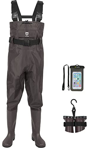 TIDEWE Bootfoot Chest Wader, 2-Ply Nylon/PVC Waterproof Fishing & Hunting Waders with Boot Hanger for Men and Women Brown Size 11