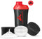 AMITYUNION Protein Shaker Deluxe 700 ml - Eiweiß Shaker auslaufsicher, BPA frei - Sieb & Skala für Cremige Whey Proteinpulver Shakes - Fitness Becher für Isolate & Sport Konzentrate in Schwarz Rot Cup