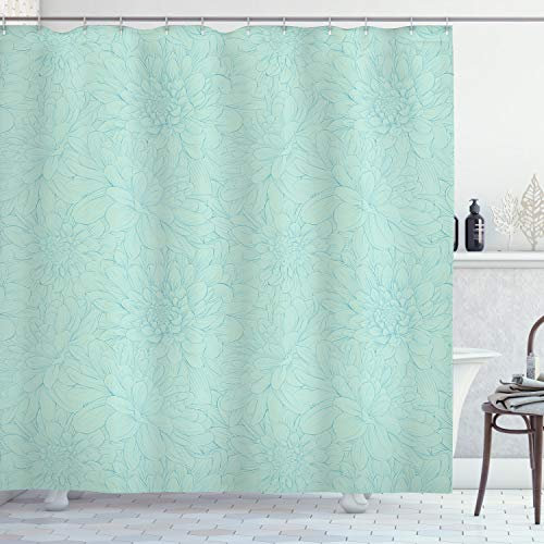 ABAKUHAUS Türkis Duschvorhang, Hand Drawn Dahlia, Stoffliches Gewebe Badezimmerdekorationsset mit Haken, 175 x 220 cm, Hellblau