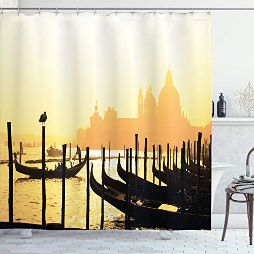 ABAKUHAUS Venedig Duschvorhang, Romantische Stadt am Sonnenaufgang, Stoffliches Gewebe Badezimmerdekorationsset mit Haken, 175 x 180 cm, Senf und Schwarz