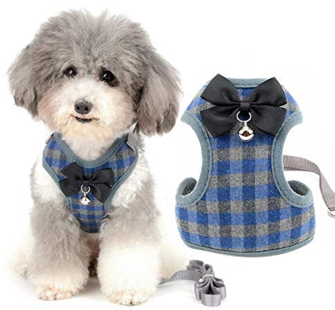 Zunea No Pull Small Dog Harness and Lead Sets Adjustable Soft Mesh Plaid Tuxedo Vest Clothes with Bowtie and Safety Bell for Puppy Chihuahua, Escape proof Cats Harnesses for Walking Blue S